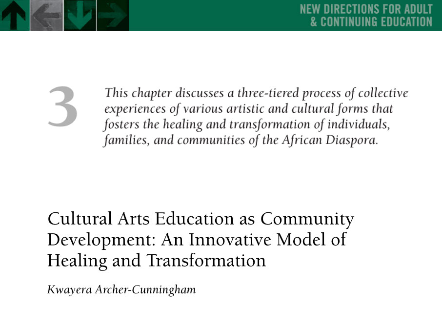 This chapter discusses a three-tiered process of collectiveexperiences of various artistic and cultural forms that fosters the healing and transformation of individuals,families, and communities of the African Diaspora.Cultural Arts Education as CommunityDevelopment: An Innovative Model ofHealing and TransformationKwayera Archer-Cunningham